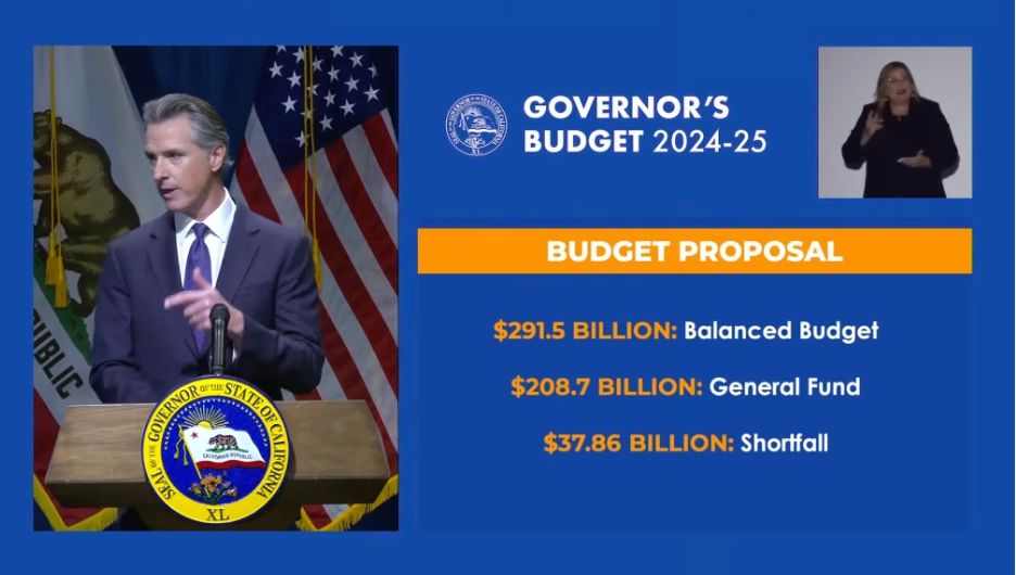 Bullet points of a proposed budget snapped from a video of Governor Newsom speaking.